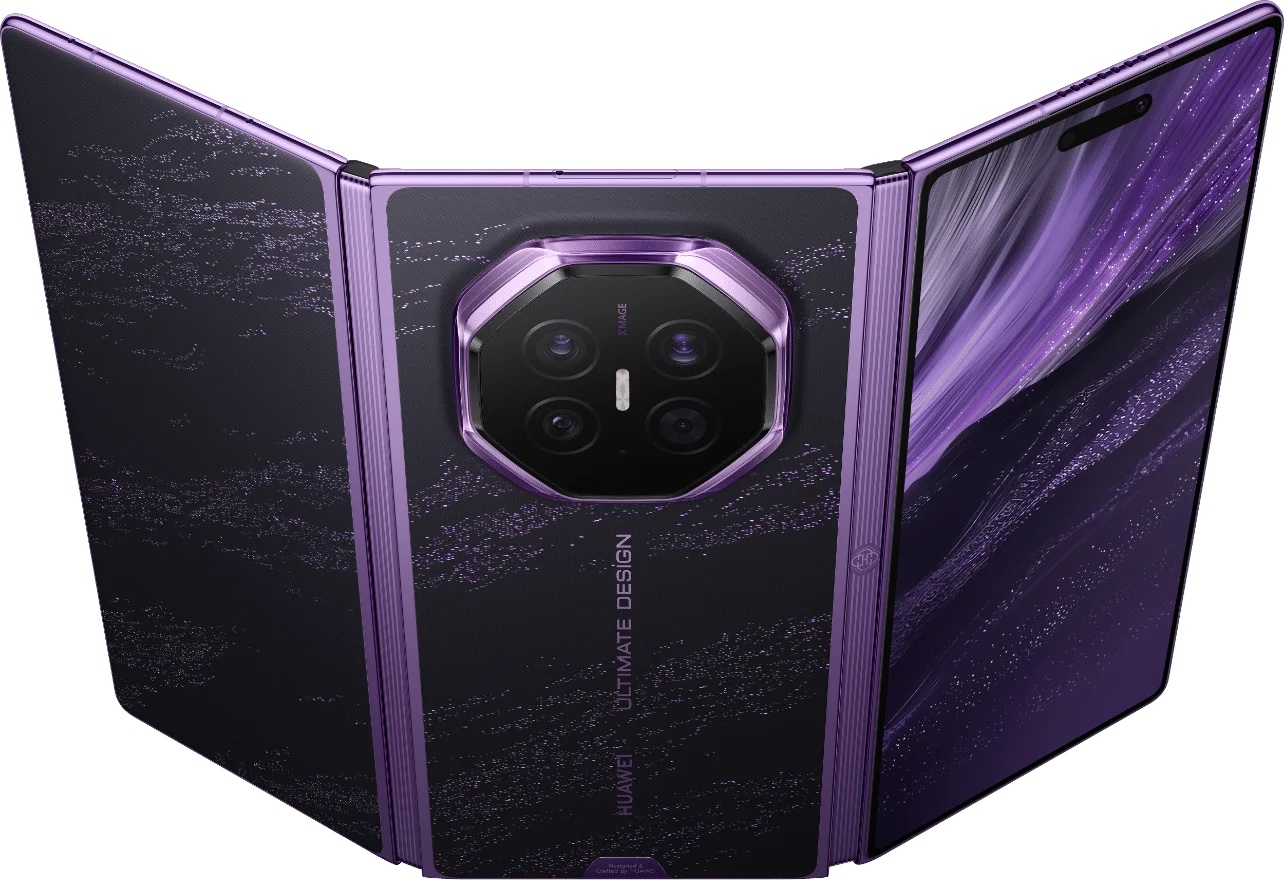 HUAWEI Mate XT 2 in Brocade Purple, partly open, showing the brocade rear panels, the octagonal XMAGE camera island and the cover display