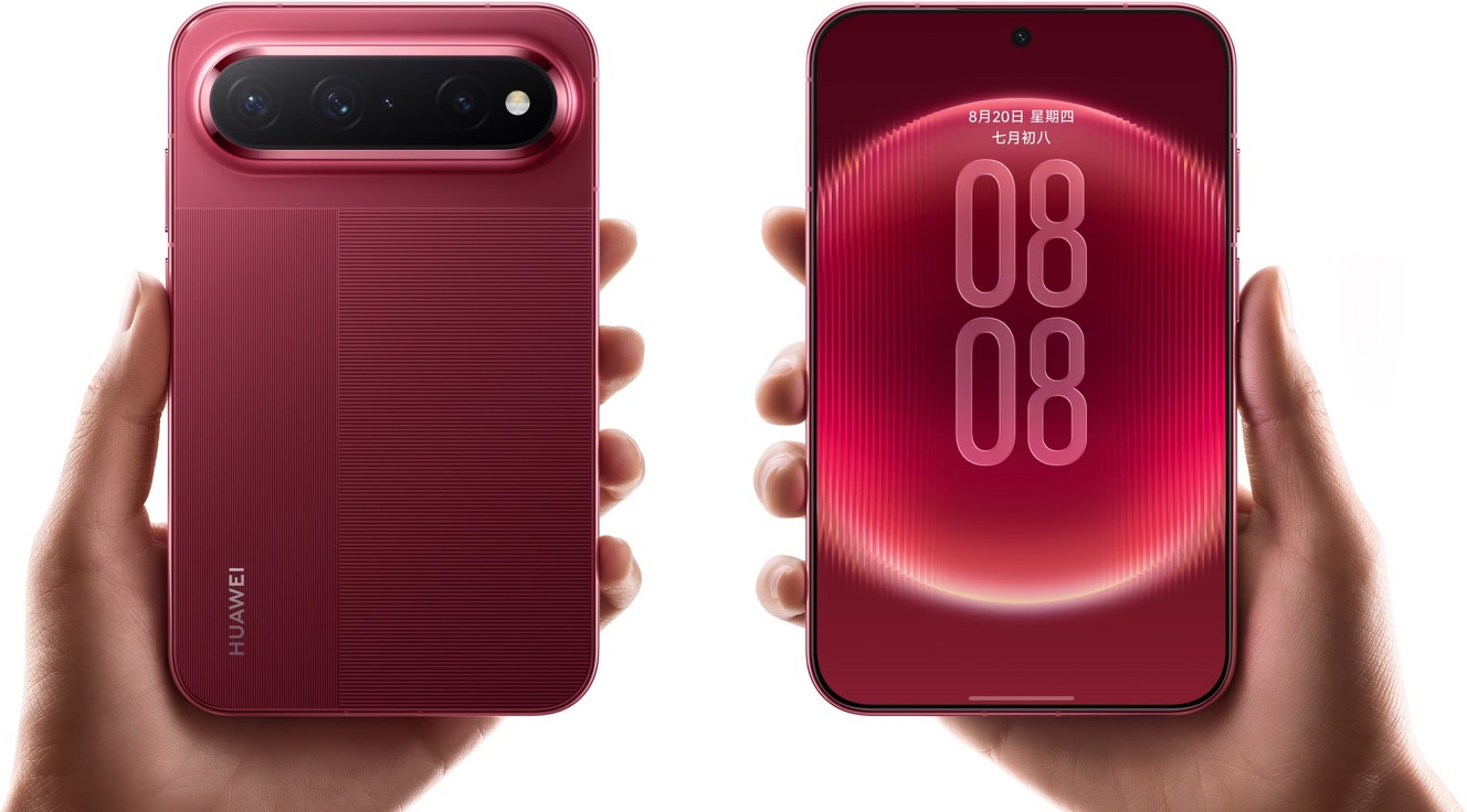 Huawei Pura X View in Shadow Red held in two hands, back with the full-width camera bar and the wide 16:9.5 front display side by side