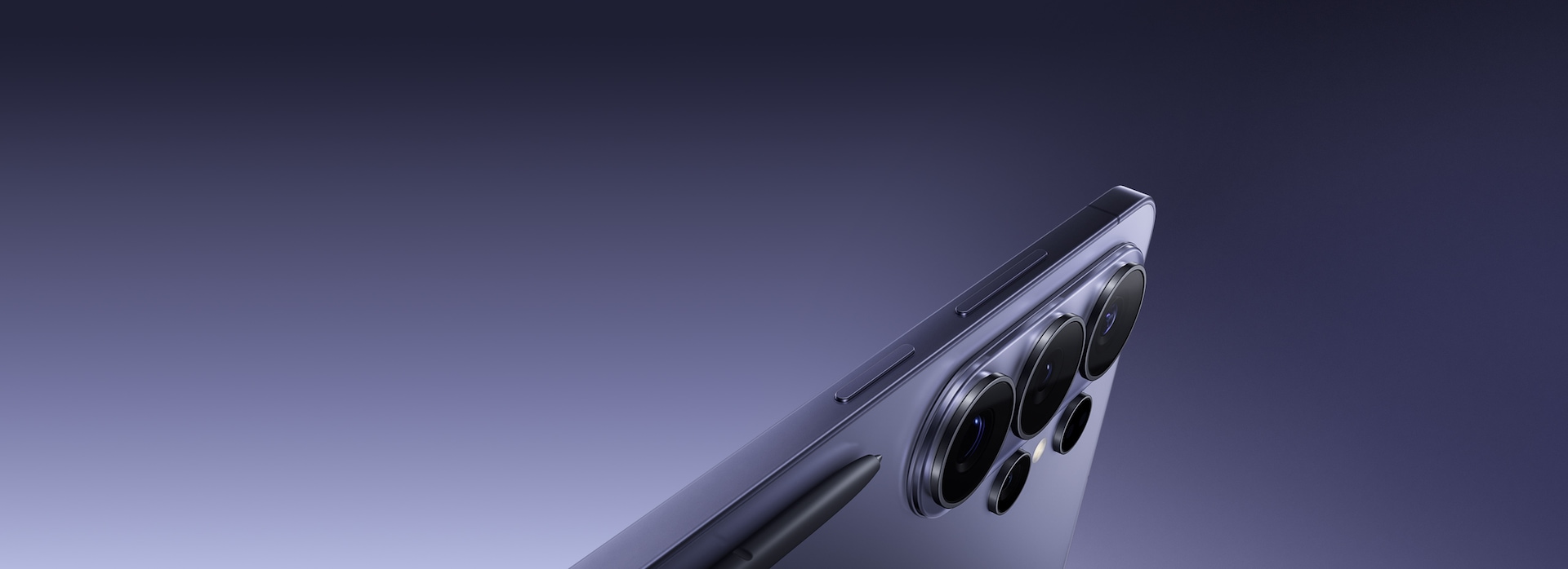 Samsung Galaxy S26 Ultra in Cobalt Violet, camera lenses and S Pen close up