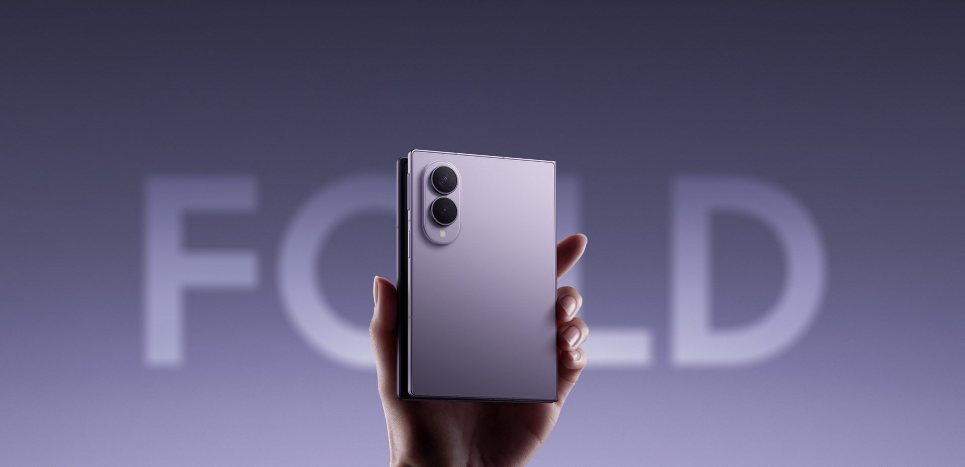 Samsung Galaxy Z Fold8 in Lavender held closed, camera side out
